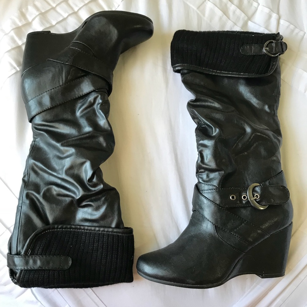 Call It Spring black faux leather wedge boots